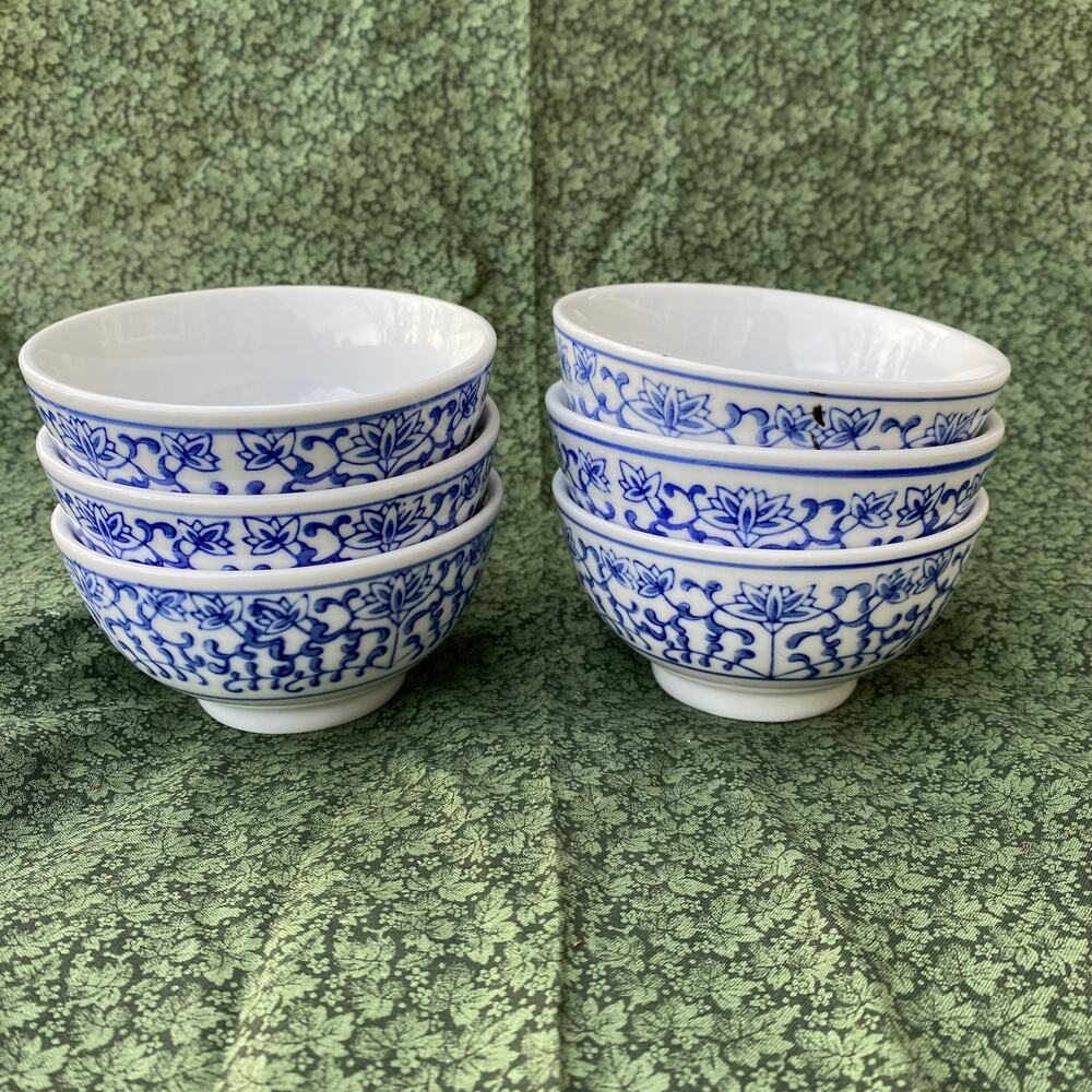 Set of 6 Blue‎ Floral Porcelain Soup/Rice Bowls in Flawless Condition